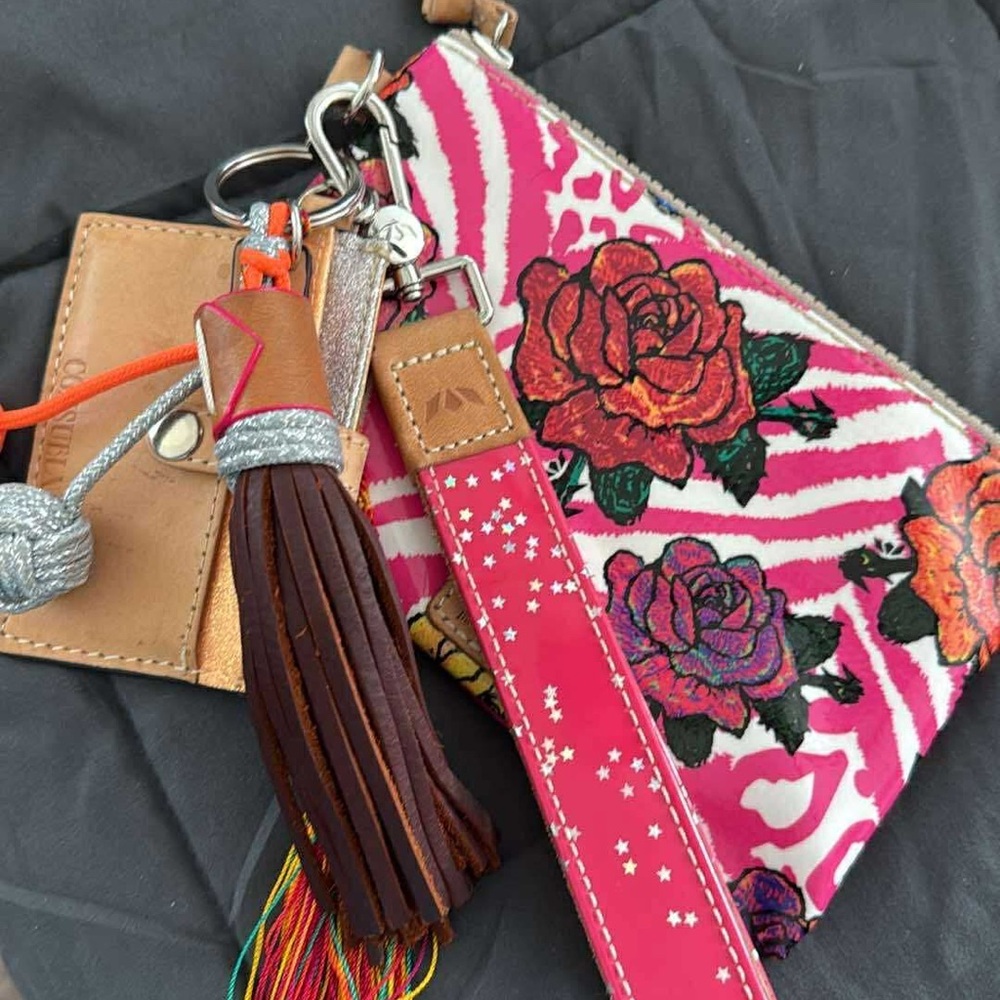 Consuela Pink Floral Wristlet with Brown Tassel